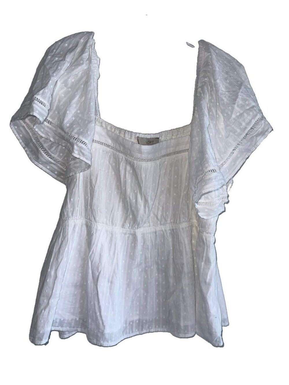 Loft Womens Flutter Sleeve Babydoll Top Sz XL White Swiss Dot Boho Festival